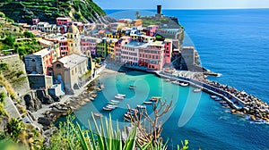 Generative AI Scenic view of colorful village Vernazza and ocean coast in Cinque Terre, Italy business concept.