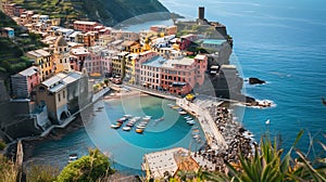 Generative AI Scenic view of colorful village Vernazza and ocean coast in Cinque Terre, Italy business concept.