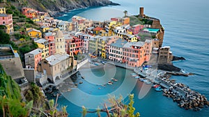 Generative AI Scenic view of colorful village Vernazza and ocean coast in Cinque Terre, Italy business concept.