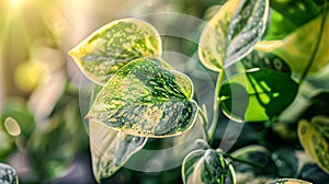 Generative AI Scindapsus pictus exotica with dark greygreen Close up variegated leaf texture Popular spotted tree photo
