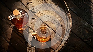 Generative AI Scotch whiskey bottle glass and old wooden barrel With copy space Top view flat lay business concept