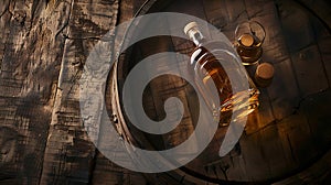 Generative AI Scotch whiskey bottle glass and old wooden barrel With copy space Top view flat lay business concept