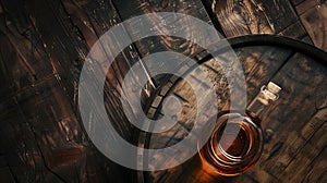 Generative AI Scotch whiskey bottle glass and old wooden barrel With copy space Top view flat lay business concept