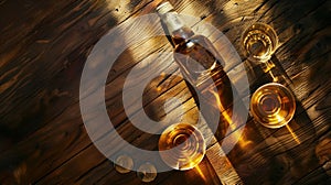 Generative AI Scotch whiskey bottle and glasses on wooden table With copy space Top view flat lay business concept