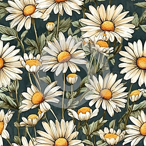 Generative AI seamless pattern watercolor daisies flowers and leaves. Daisy watercolor illustration and background