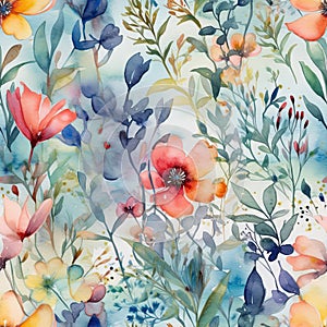 Generative AI seamless pattern watercolor flowers and leaves. botanical watercolor illustration and background