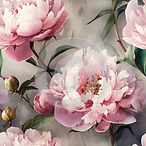 Generative AI seamless pattern watercolor pink peony flowers and leaves. Peonies watercolor illustration and background