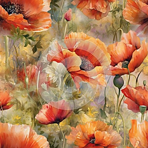 Generative AI seamless pattern watercolor poppies flowers and leaves. botanical watercolor illustration and background