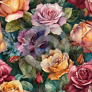 Generative AI seamless pattern watercolor roses flowers and leaves. Rose watercolour illustration and background