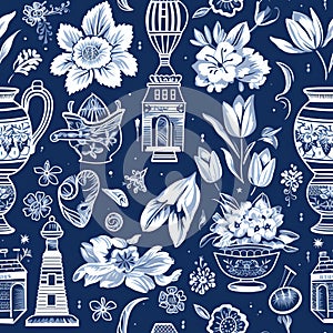 Generative AI Seamless vector delftware pattern-