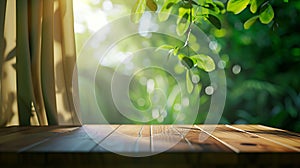 Generative AI selective focusEmpty of wood table top on blur of curtain window and abstract green from garden with