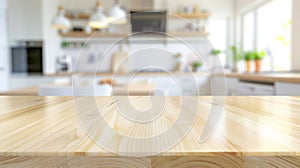 Generative AI Selective focusEnd grain wood counter table top on blur white cozy kitchen in morning backgroundFor