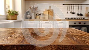 Generative AI Selective focusEnd grain wood counter table top on blur white cozy kitchen in morning backgroundFor