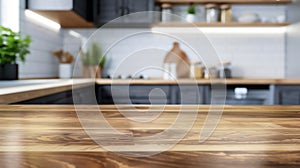 Generative AI Selective focusEnd grain wood counter table top on blur white cozy kitchen in morning backgroundFor photo