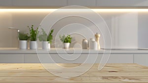 Generative AI Selective focusEnd grain wood counter table top on blur white minimal kitchen backgroundFor montage photo
