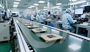 Generative AI Semiconductor Manufacturing Microchips on Conveyor Belt in Factory Setting with Workers Assembling E