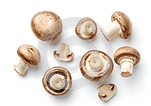 Generative AI Set of fresh whole and sliced champignon mushrooms  on white background. Top view business c