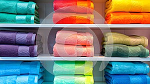 Generative AI Shelf with colorful stack of towels color pattern for background business concept.