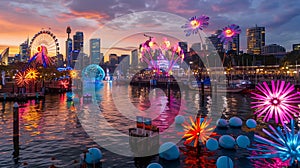 Generative AI Short bright sunset panorama of Darling harbour Cockle bay in Sydney city CBD at Vivid Sydney light