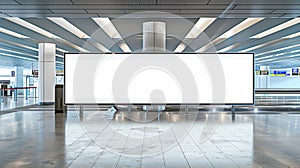 Generative AI Shot in lowkey of a very large rectangular blank billboard mockup facing a baggage claim in an airpo