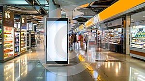 Generative AI Sign and Billboard Mockup at duty free shop in departure terminal to promote your business or organi