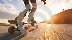 Generative AI Skateboard motion blur and mountain with man in road for speed freedom and summer break Sports adven