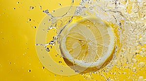 Generative AI Slice of lemon underwater or in water with splashing and droplet top view flat lay on yellow backgro