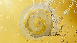 Generative AI Slice of lemon underwater or in water with splashing and droplet top view flat lay on yellow backgro