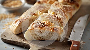 Generative AI Slices of crispy ciabatta bread with sesame seeds on a wooden board with knife Closeup with short de