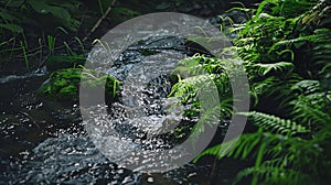 Generative AI Small river stream in the dark evergreen forest Crystal clear water rocks moss fern plants closeup N