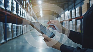 Generative AI Smart WarehouseInventory management system conceptManager using digital tabletshowing warehouse soft