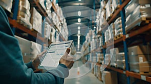 Generative AI Smart WarehouseInventory management system conceptManager using digital tabletshowing warehouse soft