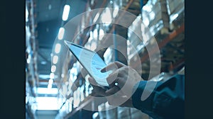 Generative AI Smart WarehouseInventory management system conceptManager using digital tabletshowing warehouse soft
