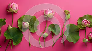 Generative AI Some lotus bubs are arranged on a deep pink background with a few green leaves Flat lay overhead bus