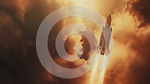 Generative AI Space launch system flight in space from Earth SLS rocket in sky Mission on Moon of Orion spacecraft
