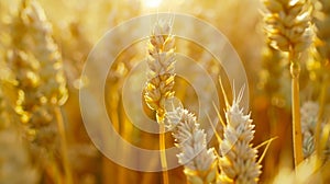 Generative AI Spikelets of wheat closeup on the fieldWheat fieldAgriculture agronomy and farming background Harves