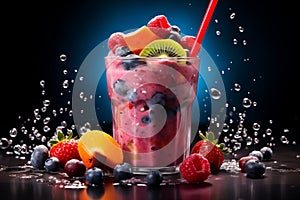 Generative AI. splash of multi-colored bright fruit drink. Transparent glass with soda and berries. On a black background. orange,