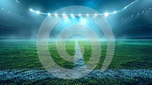 Generative AI Sports stadium with a lights background, Textured soccer game field with spotlights fog midfield Con