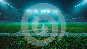 Generative AI Sports stadium with a lights background, Textured soccer game field with spotlights fog midfield Con