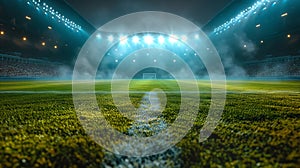 Generative AI Sports stadium with a lights background, Textured soccer game field with spotlights fog midfield Con