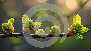 Generative AI. Spring Awakening, Fresh Green Buds Blossoming on a Tree Branch at Sunset