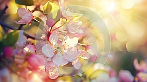 Generative AI Spring blossom background. Beautiful nature scene with blooming tree and sun flare. Sunny day. Sprin