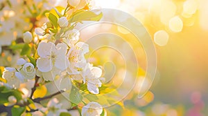 Generative AI Spring blossom background. Beautiful nature scene with blooming tree and sun flare. Sunny day. Sprin