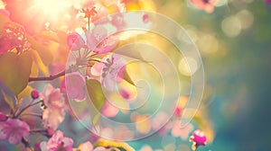 Generative AI Spring blossom background. Beautiful nature scene with blooming tree and sun flare. Sunny day. Sprin