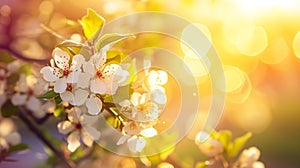 Generative AI Spring blossom background. Beautiful nature scene with blooming tree and sun flare. Sunny day. Sprin