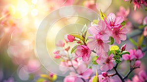 Generative AI Spring border or background art with pink blossom. Beautiful nature scene with blooming tree and sun