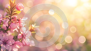 Generative AI Spring border or background art with pink blossom. Beautiful nature scene with blooming tree and sun