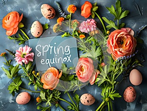 Generative AI. Spring Equinox Sign Surrounded by Flowers and Eggs