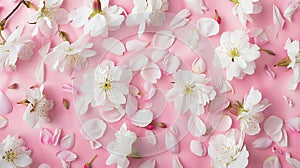 Generative AI Spring floral background texture and wallpaper Flatlay of white almond blossom flowers and petals ov