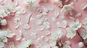 Generative AI Spring floral background texture and wallpaper Flatlay of white almond blossom flowers and petals ov